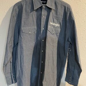 Wrangler Pearl Snap Men’s M Blue Denim Western Cowboy Rodeo Chambray Team Logo